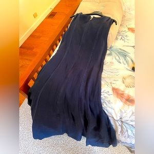 Long navy blue zip up dress with subtle stripes